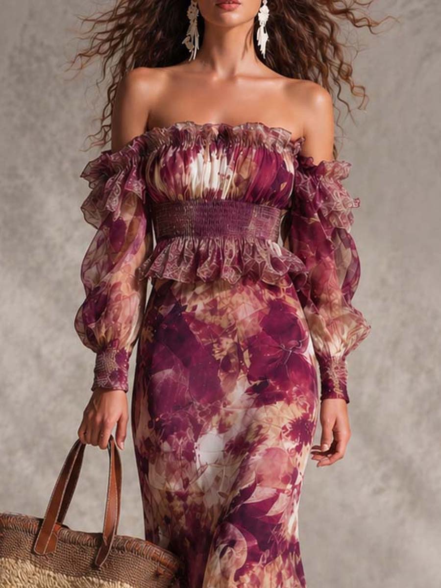 Αναστασία | Μακρύ Φόρεμα Off-Shoulder σε Ροζ Αντίκ με Λουλούδι