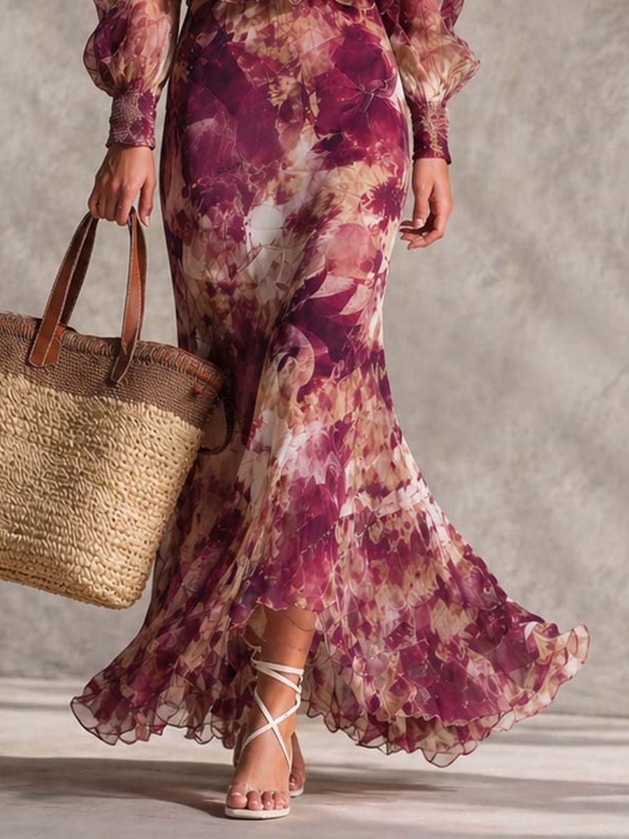 Μαξι Φόρεμα Chiffon Ροζ Λουλούδια με Ανοιχτούς Ώμους