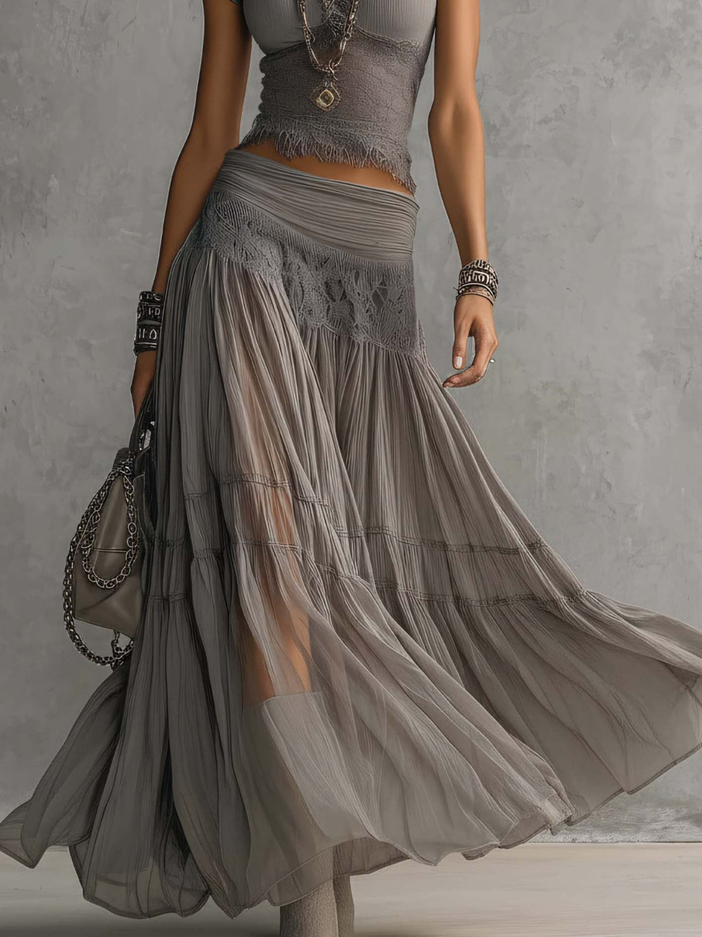 Άννα | Σετ με Διαφανή Μπλούζα και Πλισέ Μάξι Φούστα