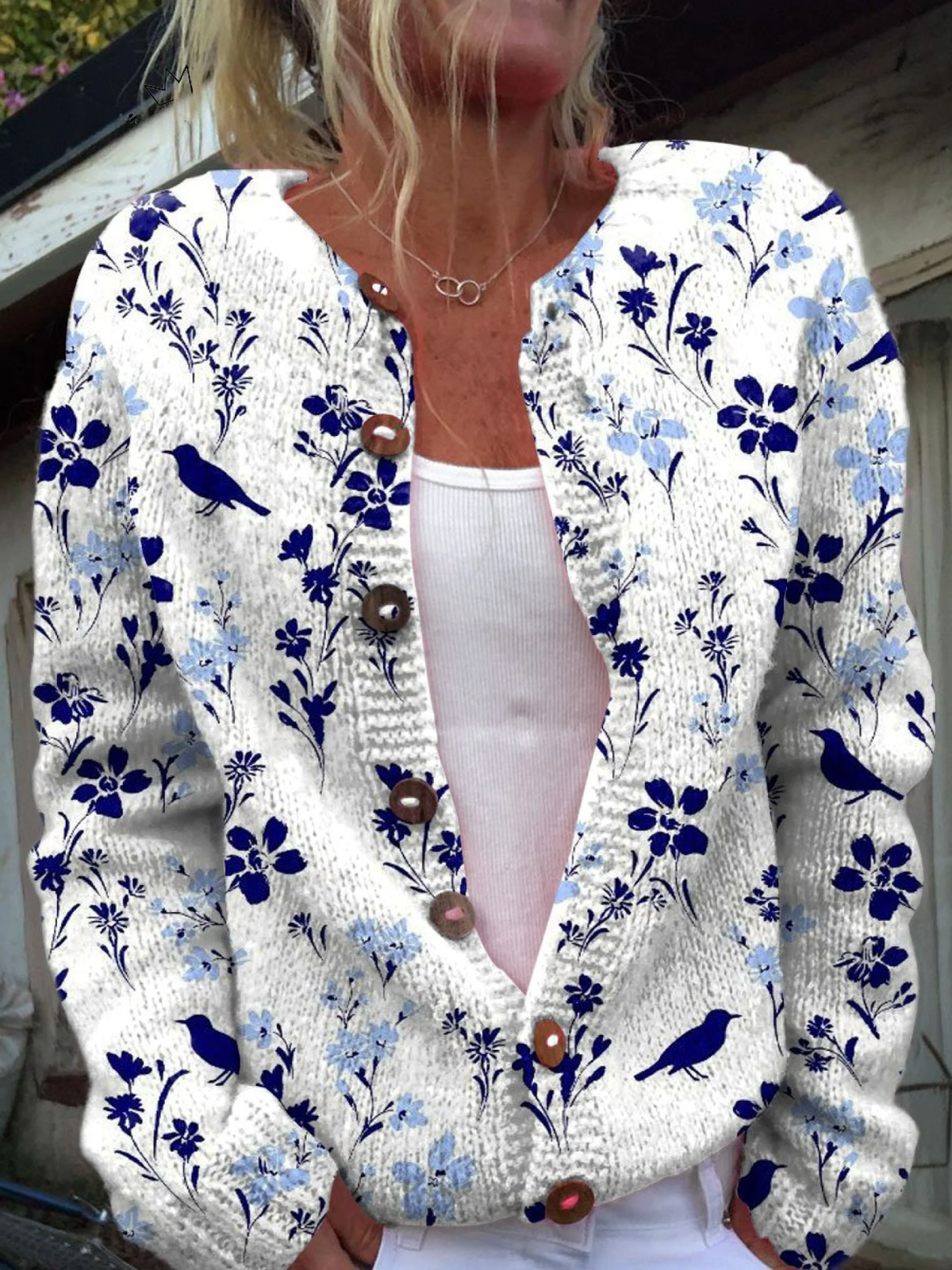 Φωτεινή | Vintage Floral Bird Print Cardigan με Κουμπιά