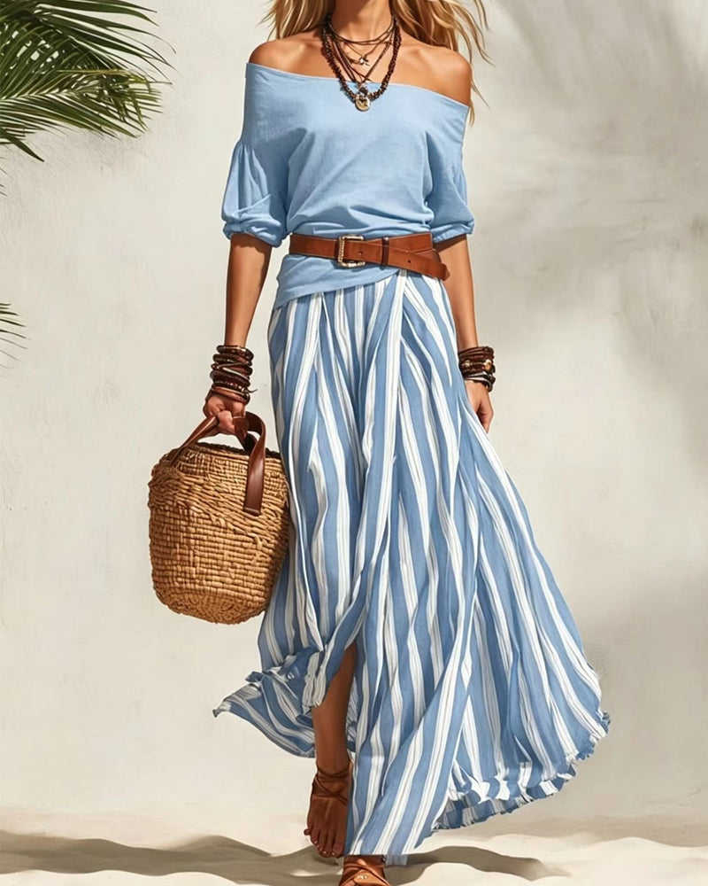 Σοφία | Σετ Ριγέ Μάξι Φούστα με Off-Shoulder Τοπ