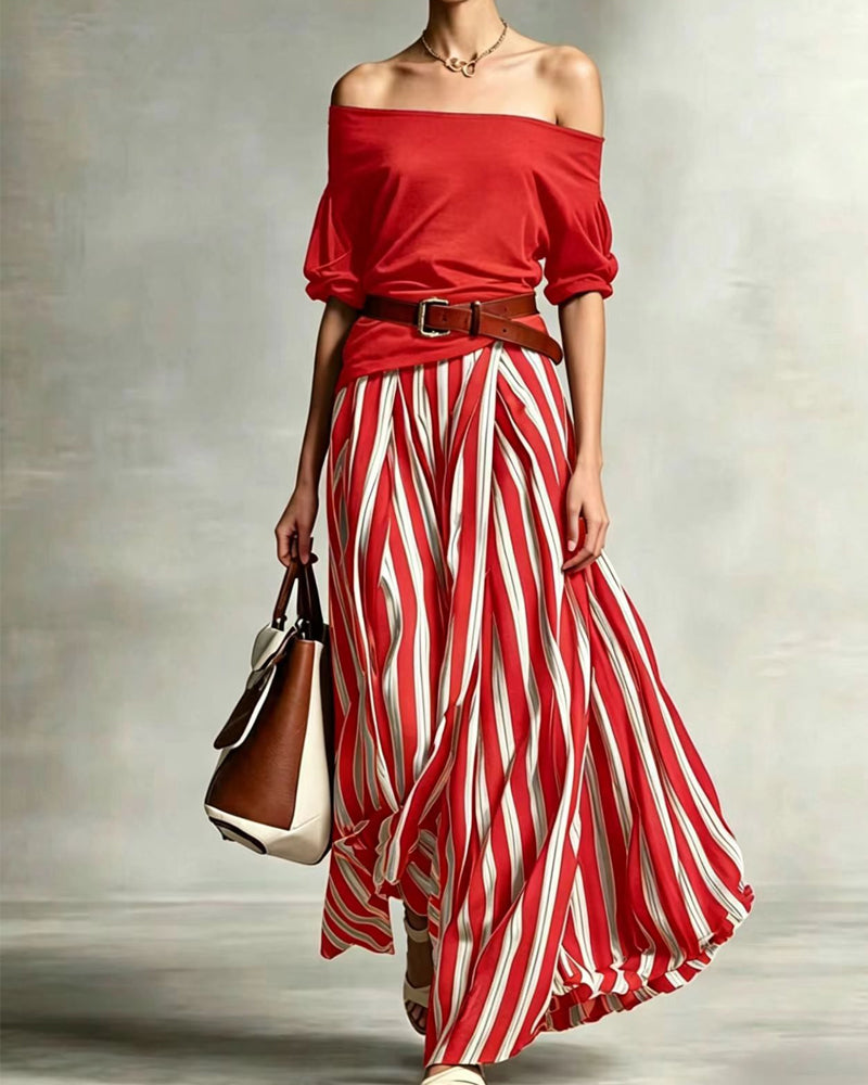 Σοφία | Σετ Ριγέ Μάξι Φούστα με Off-Shoulder Τοπ