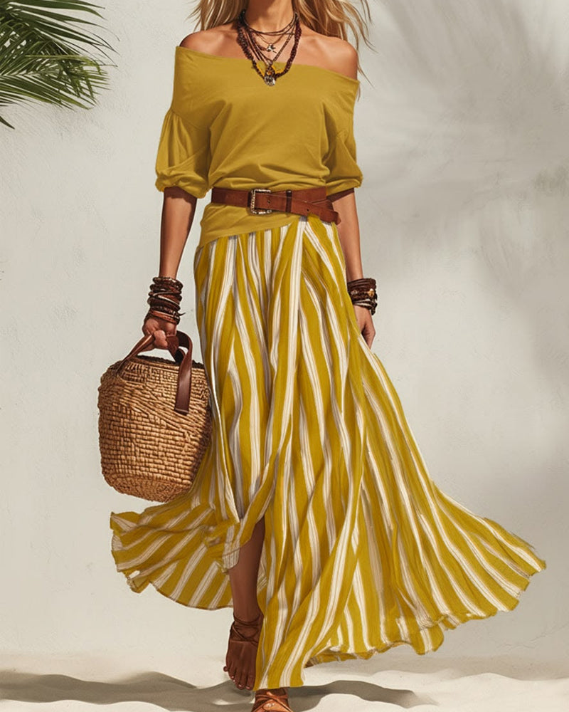 Σοφία | Σετ Ριγέ Μάξι Φούστα με Off-Shoulder Τοπ