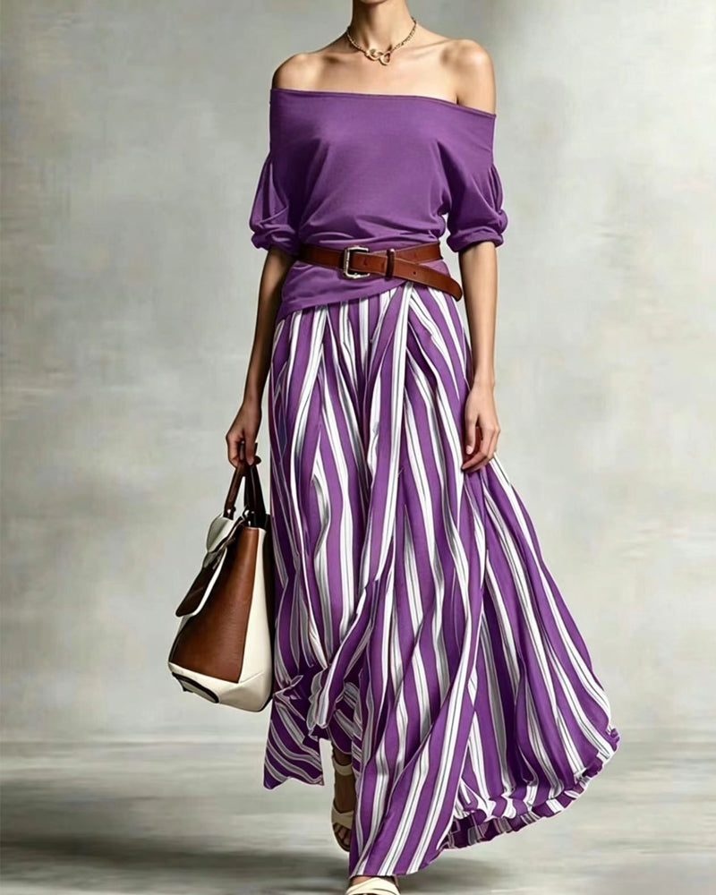 Σοφία | Σετ Ριγέ Μάξι Φούστα με Off-Shoulder Τοπ