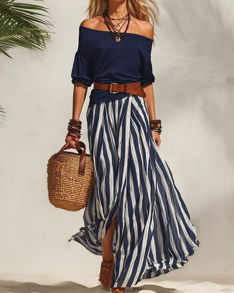 Σοφία | Σετ Ριγέ Μάξι Φούστα με Off-Shoulder Τοπ