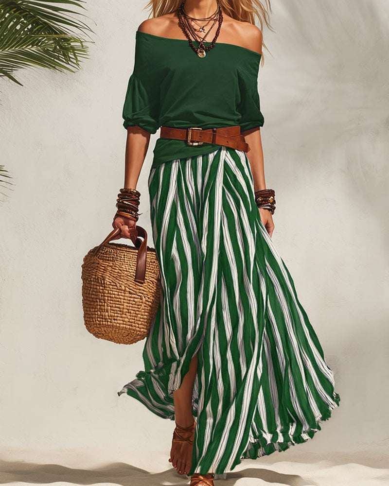 Σοφία | Σετ Ριγέ Μάξι Φούστα με Off-Shoulder Τοπ