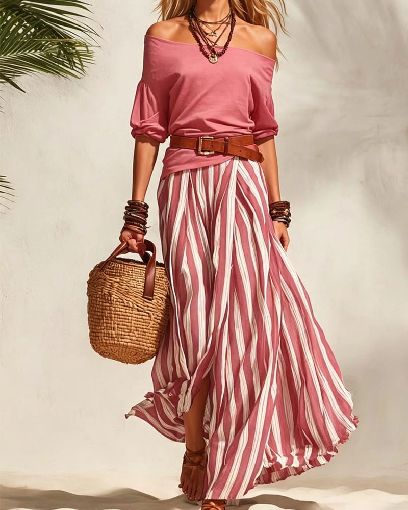 Σοφία | Σετ Ριγέ Μάξι Φούστα με Off-Shoulder Τοπ
