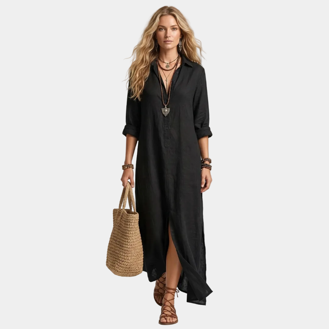 Afrodite - Μακρύ μαύρο φόρεμα με κουμπιά