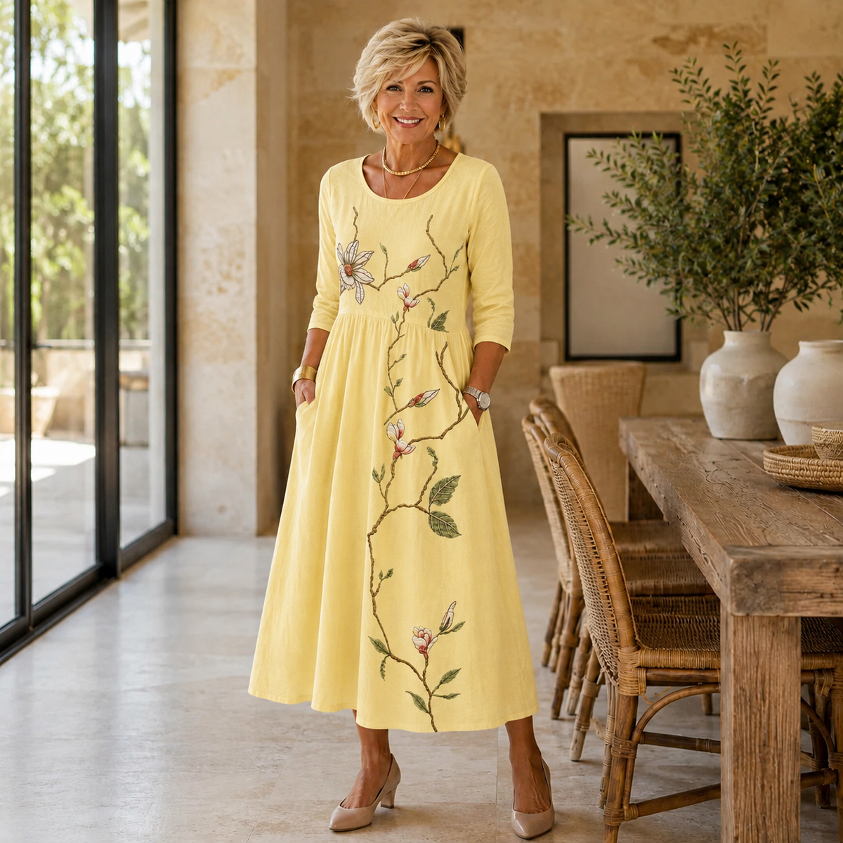 Όλγα | Χρυσή floral φόρεμα με τσέπες