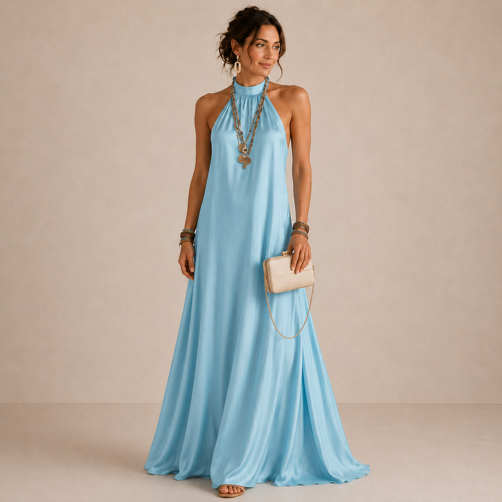 Ευγενία | Μπλε φόρεμα με halter και ελεύθερη maxi σιλουέτα