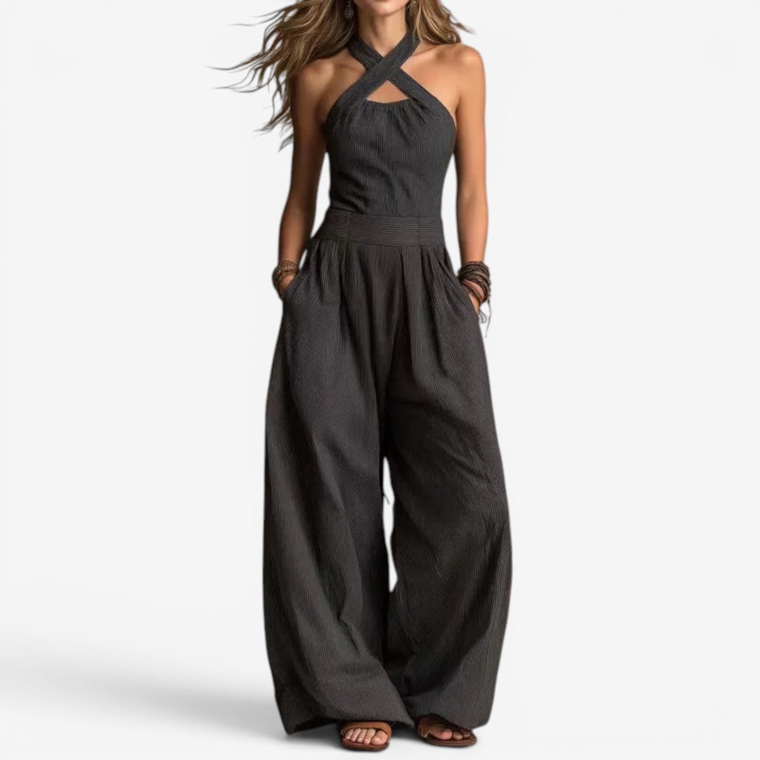 Αικατερίνη | Φόρεμα Jumpsuit με Φαρδιά Πόδια — Διασταυρούμενη Λαιμόκοψη