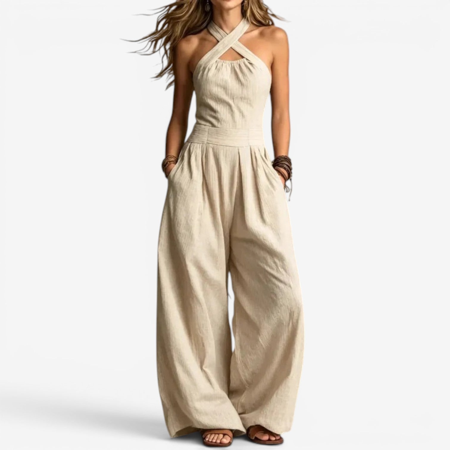 Αικατερίνη | Φόρεμα Jumpsuit με Φαρδιά Πόδια — Διασταυρούμενη Λαιμόκοψη