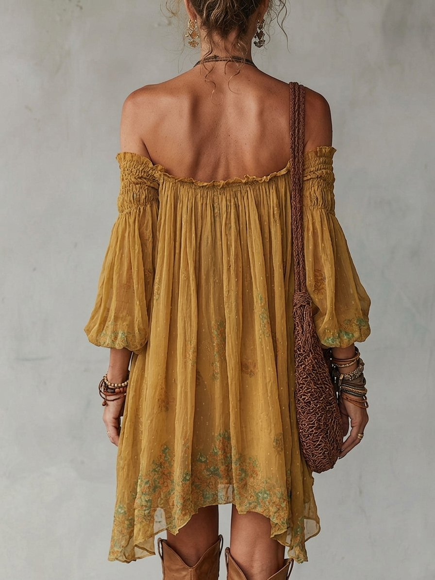 Όλγα | Μίνι Κίτρινο Φόρεμα με Λουλούδια Off Shoulder