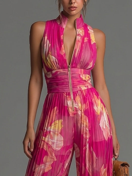 Φλοράλ φουστάνι από chiffon φούξια, χωρίς μανίκια, με φερμουάρ, πλισέ και φαρδιά παντελόνια