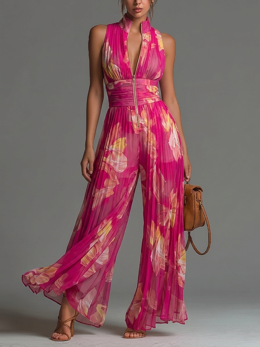 Φλοράλ φουστάνι από chiffon φούξια, χωρίς μανίκια, με φερμουάρ, πλισέ και φαρδιά παντελόνια