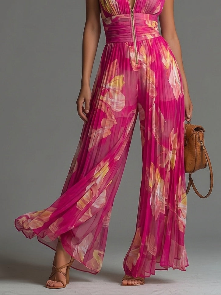 Φλοράλ φουστάνι από chiffon φούξια, χωρίς μανίκια, με φερμουάρ, πλισέ και φαρδιά παντελόνια