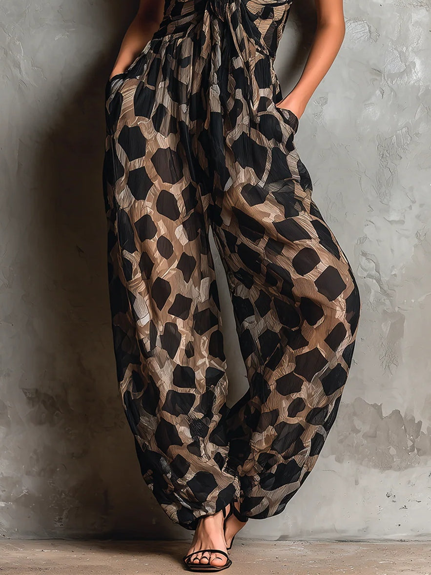 Κατερίνα | Φαρδιά Μαύρη Ολόσωμη Φόρμα με Animal Print