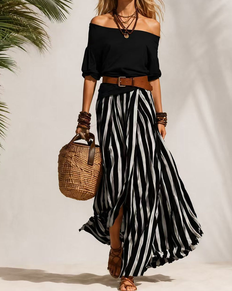 Σοφία | Σετ Ριγέ Μάξι Φούστα με Off-Shoulder Τοπ